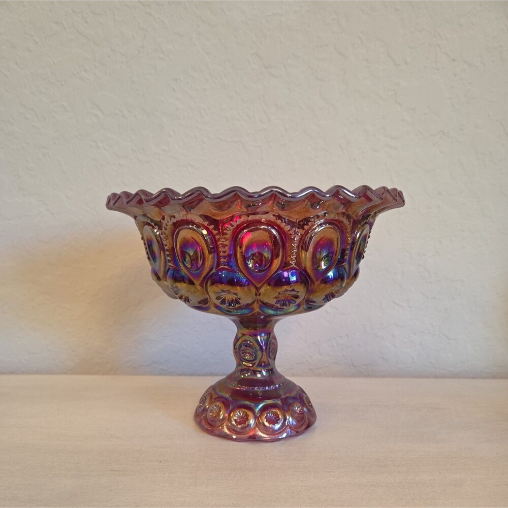 Vintage L.E. Smith Moon & Stars Ruby Red Amberina Carnival Glass Ruffled Compote